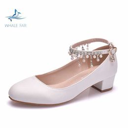 HBP Non-Brand Plus size 3cm chunky low heel sandals round toe wrist strap beaded tassel white wedding shoes ladies