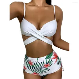 Women's Swimwear Floral Print Bikini Set With High Waist Briefs Cross Sling Bra Beach Cardigan Summer For Biquini