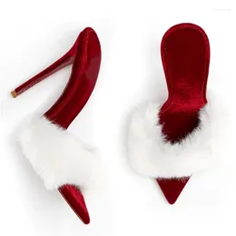 Sandals Mixed Colour Fur Pointed Toe Super High Heels Women Slip On Outdoor Slippers Large Size Fashion Western Sexy Female Shoes