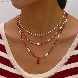 Pendant Necklaces Bohemian Handmade Multilayer Beads Pearl Chain Fashion Necklaces Red Crystal Pendant Jewellery For Women Accessories N0386L2403L2403