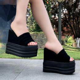 Sandals 2022 Flock Women Super High Heels Sexy 13CM Heel Wedges Sandals Thick Bottom Platform Slippers Party Sliders