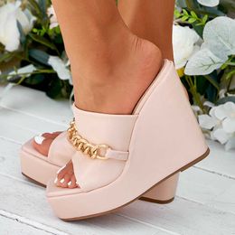 HBP Non-Brand Chain High Heels Women Wedding Shoes Summer Red Black Pink Platform Wedges Slides Ladies Beach Slippers