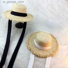 Wide Brim Hats Bucket Hats Summer Womens Beach Rafia Black and White Ribbon Hat Bow Rafia Hat Temperature Flat Hat Str Hat Womens Beach Hat Y240319