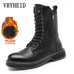 Boots VRYHEID Men Black Genuine Leather Outdoor Fashion High Top Punk Shoes Winter Warm Fur Casual Street Style Ankle 48