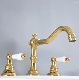 Bathroom Sink Faucets Gold Color Brass Widespread Dual Handle Washing Basin Mixer Taps Deck Mounted 3 Holes Lavatory Faucet Anf982