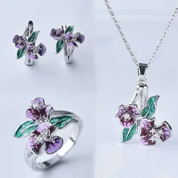 Necklace Earrings Set Fashion Jewellery For Women Exquisite Purple Enamel Flower Ring Pendant Engagement Wedding