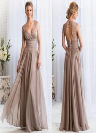 2021 Vneck Long Silver Bridesmaid Dresses Lace Keyhole Back Prom Dresses Long Maid Of Honor Dresses Formal Evening Gowns robes de5000349