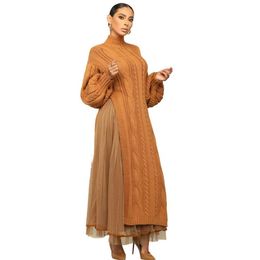 Winter solid Colour twp pieces dress set with long sleeve knitted long sweater dress and long mesh puffy skirt