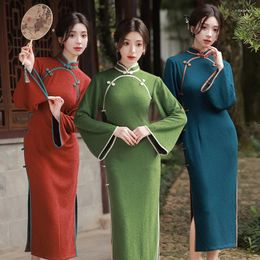 Ethnic Clothing Women Flare Sleeve Cheongsam Vintage Dress Slim Daily Wear Elegant Chinese Traditional Long Qipao