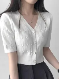 Women's Knits Twists Solid Color V-neck Short Sleeved Sweater Waist Sueters Cropped White Cardigan Mujer Sexy Tops Summer Korean Fashion