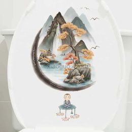 Toilet Stickers Book in Chinese Style Water Toilet Bathroom Waterproof Self Adhesive Paper Landscape Picture Decorative Wall Sticker For Bedroom 240319