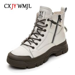 Boots Cxjywmjl Genuine Leather Women Autumn Sneakers Side Zipper High Top Vulcanised Shoes Ladies Casual Sports Thick Sole Skate Shoes