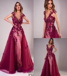 New Tony Chaaya Evening Dresses With Detachable Train Burgundy Beads Mermaid Prom Gowns Lace Applique Sleeveless Luxury Party Dres4670106