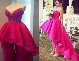 High Low Lace fuchsia Prom Dresses 2020 Gorgeous Sweetheart Pearls Beaded Ruffles Backless Pink Asymmetrical Evening pageant G3171077