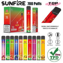 Belgium TOP Vapes E Cigarette Sunfire 700 Puffs 800 TPD Disposable Vape 2ml Prefilled 10 Registered Flavors 20mg E-Cigarettes 550mAh Vapor Device OEM 10 Fruit Flavors