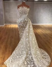 Gorgeous Pearls Mermaid Wedding Dresses Bride Gowns With Detachable Train African Nigerian Strapless Lace Beaded Applique vestido de novia BC11303