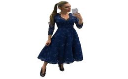 2020 Modest Navy Blue Tea Length Prom Dress 34 Long Sleeves V Neck A Line Sequin Lace Evening Party Pageant Gowns Cheap Formal Dr8786972