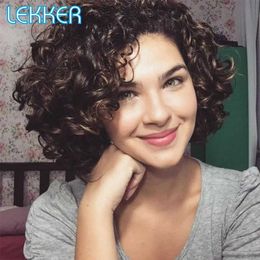 Synthetic Wigs Lekker Colored Short Kinky Curly Bob Human Hair Wig For Women Natural Glueless Brazilian Remy Hair Ombre Brown Fluffy Curl Wigs 240328 240327