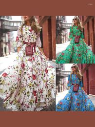 Casual Dresses Loose Colourful Flower Printed Maxi Dress Women Fashion O-neck Short Sleeve Big Hem Robes Female Chic High Streetwear Vestidos