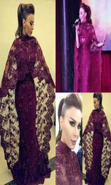 Burgundy Lace Muslim Evening Dresses With Cape Beading Pearls African Dubai Long Formal Dress Sweep Train Arabic African Evening P9563612