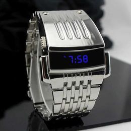 Armbanduhren Mode Blaue LED-Anzeige Breites Edelstahlband Männer Digitale Armbanduhr Geschenk 24319
