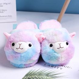 Slippers Cute Cartoon Alpaca House Women Fur Slippers Winter Warm Plush ParentChild Floor Slides Indoor Bedroom Girls Fluffy Slippes