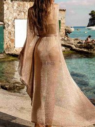 Skirts Skorts Bikini Sarong Sexy See Through Mesh Beach Dress For Swimwear Sheer Long Women Cover Up 2023 Glitter Tunic Female Golden Cardigan 240319
