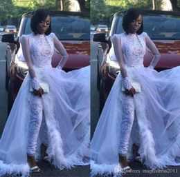 White Women Jumpsuit With Detachable Train High Neck Lace Appliqued Crystal Long Sleeve Prom Dress Luxury Feather Formal Evening G8259609