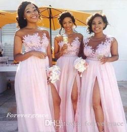 2019 Light Pink Long Bridesmaid Dress Cheap Split Side Appliques Chiffon Garden Wedding Party Guest Maid of Honour Gown Plus Size C9925046