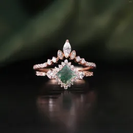 Cluster Rings GEM'S BALLLET Princess Cut Moss Agate Engagement Ring Set Vintage 925 Sterling Silver Curved Wedding Band For Bridal Gift