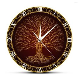 Wall Clocks Nordic Sacred Symbol Druidic Yggdrasil Tree Printed Clock Of Life Viking Mystic Amulet Art Decor Mute Watch