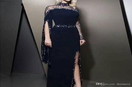 2020 Vintage High Neck Navy Blue Evening Dresses kaftan Dubai Beaded Long Sleeve Party Gowns Modest robe de soiree Split Prom Dres3536291