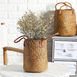 Rural Lavender Vase Woven Sundries Storage Baskets Hanging Basket Rattan Babysbreath Potted Flowerpot Home with Handle 240318