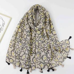 Scarves 2024 Fashion Beautiful Flower Print Tassel Scarf Shawls Long Floral Pattern Hijab Wrap Foulard