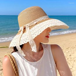 Wide Brim Hats Summer Hat Women Beach Lace Bow Straw Panamas UV Protection Sun Visor COOL Seaside Tide