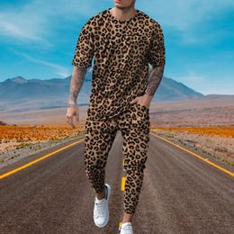 Boutique Leopard Print Men's Trousers Tracksuit 2 Piece Set Streetwear Short Sleeve T ShirtLong Pants Clothes Male Clothing 240314