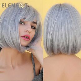 Synthetic Wigs Element Synthetic Cosplay Bob Wig with Bangs 14 Inch Short Straight Ash Silver Grey Pink Brown Party Wigs for Black White Women 240328 240327