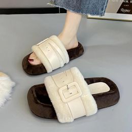Slippers 2024 Flats Casual Cotton Platform Winter Plush Luxury Boots Fashion Walking Trend Singback Sqaure Toe Flip Flops
