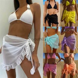 Skirts Skorts Women Swimsuit Bikini Cover-Ups Skirt Summer Solid Colour Beach Wrap Skirt Swimwear Female Ruffles Trim Lace Up Sarong Cover Ups 240319