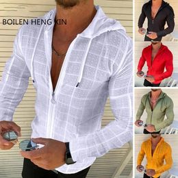 Fashionable mens zippered hooded white plaid T-shirt hip-hop long sleeved cardigan mens T-shirt top S-3XXL 240312