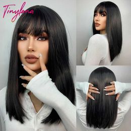 Synthetic Wigs Lace Wigs Black Medium Straight Synthetic Wig Blunt Cut Short Bob Wigs with Bangs for White Woman Afro Natural Daily Heat Resistant Hair 240329