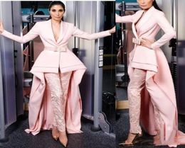 Elegant Designer High Low Jumpsuits Evening Formal Dresses V Neck Pink Lace Pants Prom Party Wear With Long Sleeves Satin Sash Cel8824663