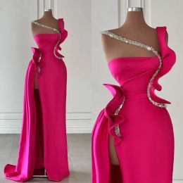 Pink Mermaid Evening Elegant Ruffle Rhinestones Straps Promdress Beading Satin Dresses for Special Ocns Split Sweep Train Robe De Soiree