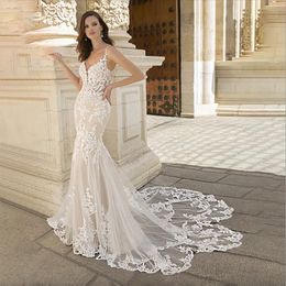 Wedding Gorgeous Mermaid Dress for Bride Tulle Lace Appliques V- Neck Spaghetti Straps Court Train Bridal Gowns Vestidos De Novia