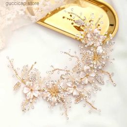 Tiaras Wedding Headband Gold crystal Flower Tiara Handmade Bride Headdress Leaf Hair Jewelry Princess Headband Bride Hair Accessories Y240319