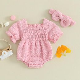 Girl Dresses BeQeuewll Baby 2 Piece Outfits Solid Colour Ruched Short Sleeve Romper With Cute Headband Set Summer Clothes For 0-18 Months