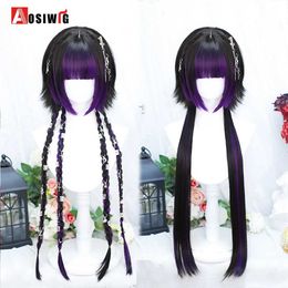 Synthetic Wigs AOSI 80cm Synthetic Long Straight Cosplay Wig With Bangs Black Highlights Purple Lolita Wig Women Halloween Cosplay Wigs Female 240329