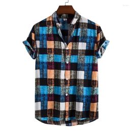 Men's Casual Shirts 2024 Summer Fashion Trend Colour Plaid Print Stand-up Collar Short-sleeved Shirt Camisas Para Hombre