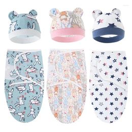 Blankets 0-6 Months Born Swaddle Cartoon Printed Cotton Baby Blanket Hat Set Adjustable Infant Sleeping Wraps All Seasons