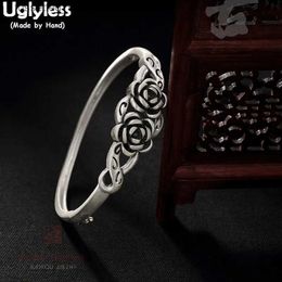 Charm Bracelets Uglyless Real S 990 Silver Jewellery Vulcanised Thai Black Silver Women Vintage Bangles Romantic Rose Floral Bangle Hollow Bijoux L240319